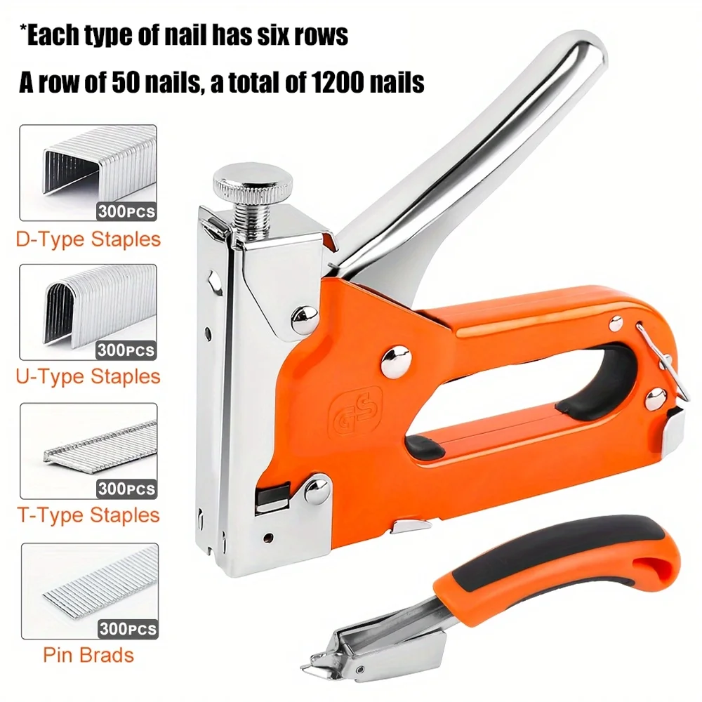 Latest Design Industrial Grade Multi-Function Manual Nail Gun Set Includes 4 Types Nail 300 Each &1 Staple Remover For Wood.