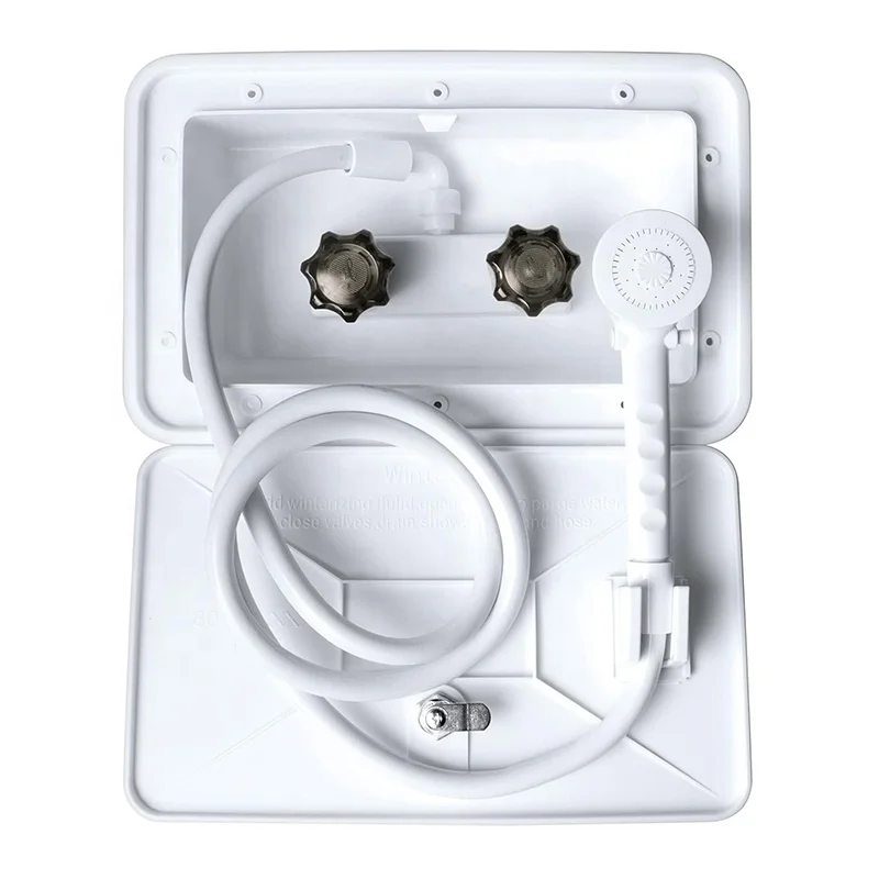 White RV Exterior Shower Box Kit with Faucet and Shower Head & Coiled Hose for RV Camper Travel Trailer,Motorhome and Boat