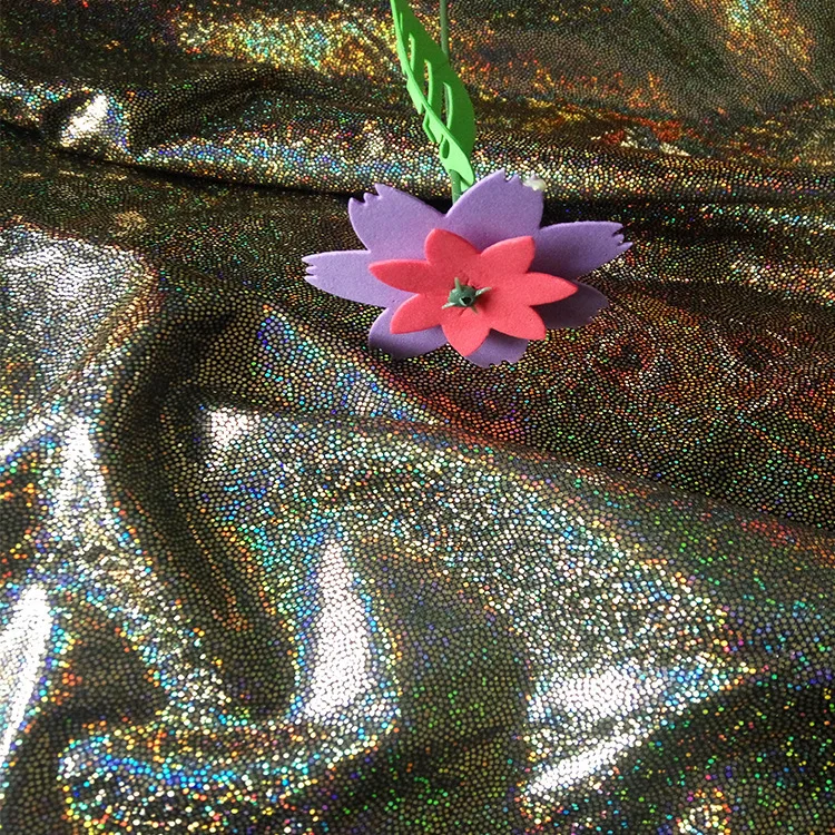Wholesale Glitter Stretch Holographic Laser Crystal Iridescen Metallic Jersey Gold Dot Foil Coated Polyester Silk Fabric