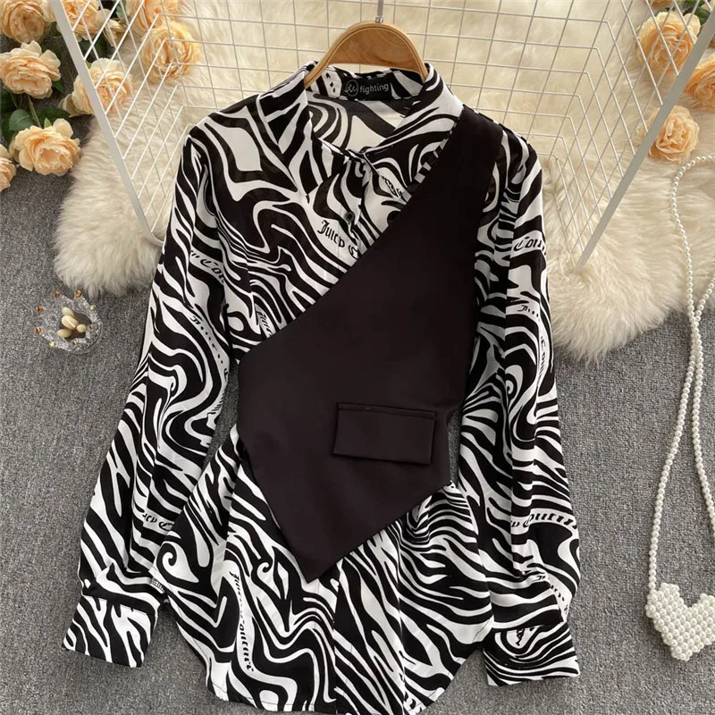 Hot Sale Ladies Elegant Long Sleeve Blouse Tops Fashion Patchwork Striped Chiffon Shirts for Women