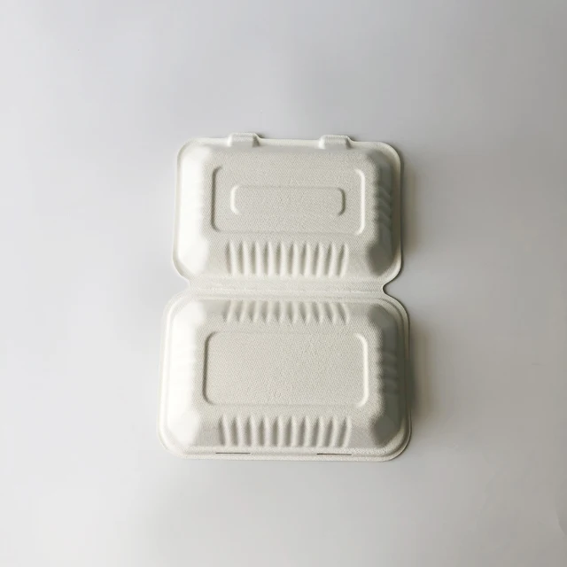 High quality 9*6 1000ml bagasse clamshells food container microwable disposable takeout lunch box