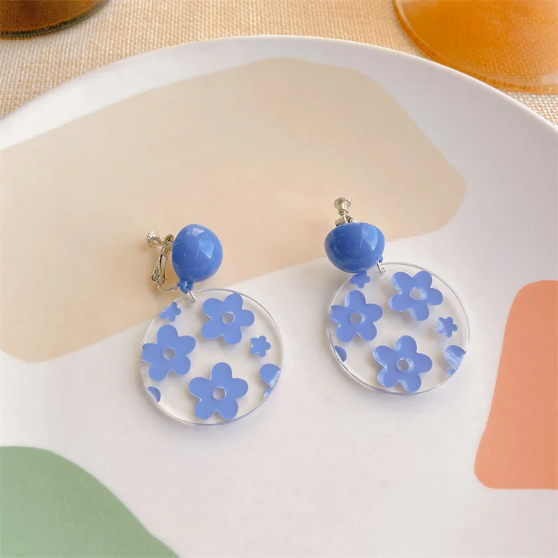 JUHU Blue flower transparent acrylic earrings simple sweet and lovely yellow plaid silver pin earrings all-match jewelry women