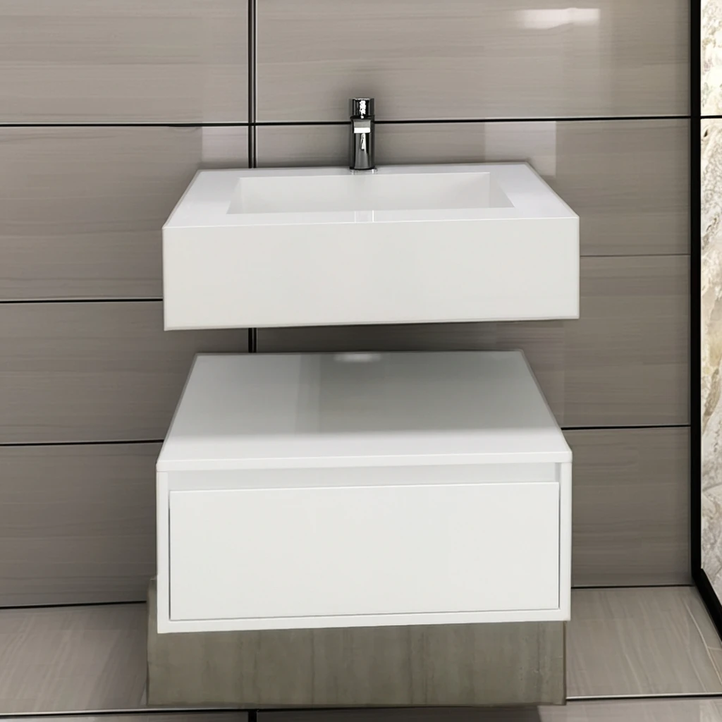 Customized wooden hotel engineering series bathroom cabinet white with mirror, seamless basin on rock countertop
