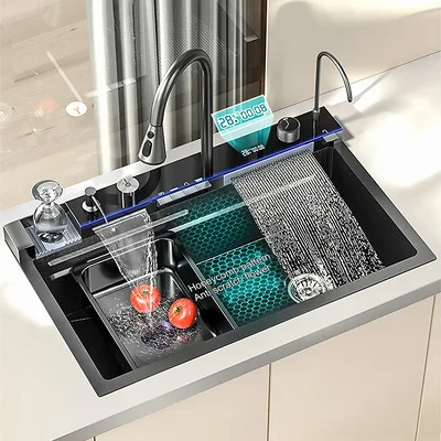 H Anti-Scratch 304 Stainless Steel Sink Kitchen Single Slot Multifunction LED Digital Display Waterfall Kitchen Sink Cup Washer
