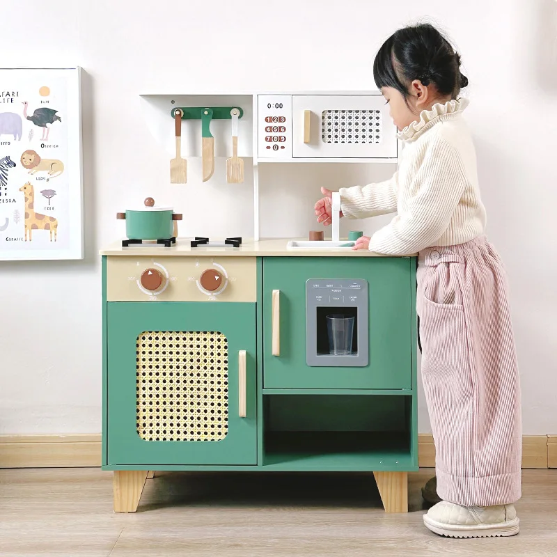 Kitchen with Pretend Ice Cube Dispenser for Toddler Wooden Kids Kitchen Play Set Toy Kitchen Set for Kids (Vintage Green)