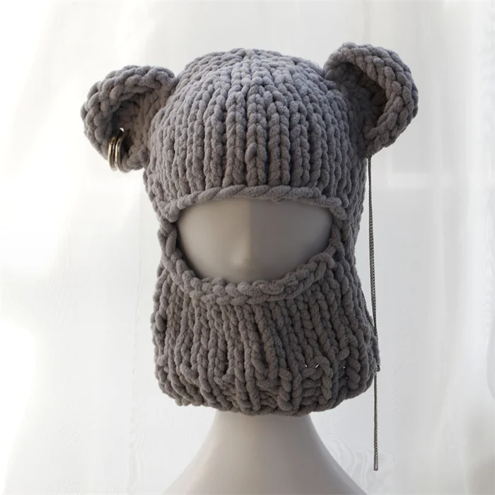 SZ815 Funny Hooded Beanie Mask Halloween Party Hat Masquerade Hat Scarf Halloween One Hole Balaclava with Bear Ear