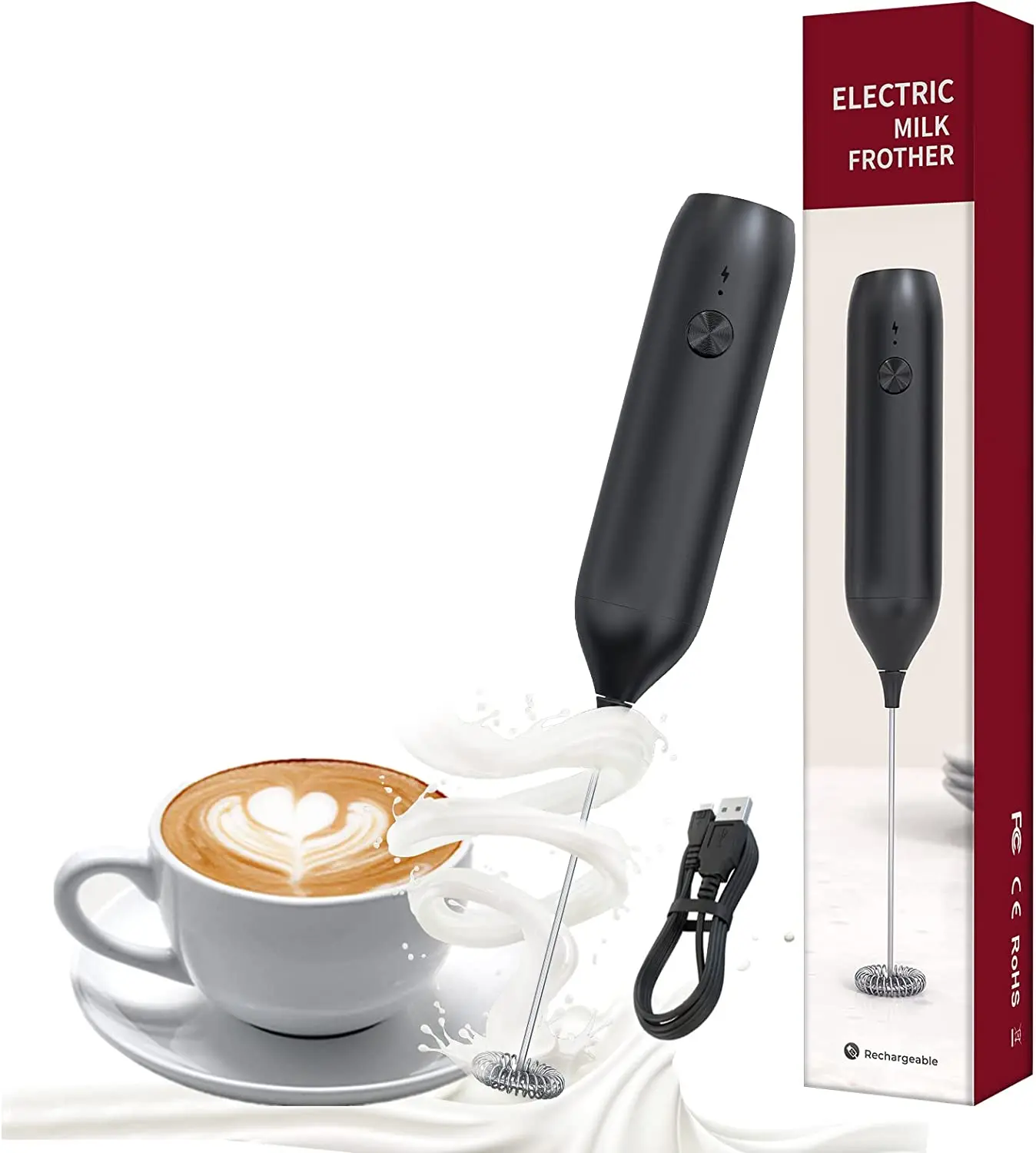Handheld Electric Coffee Frother Whisk Foam Maker for Lattes Rechargeable USB-C Charging Port Milk Frother