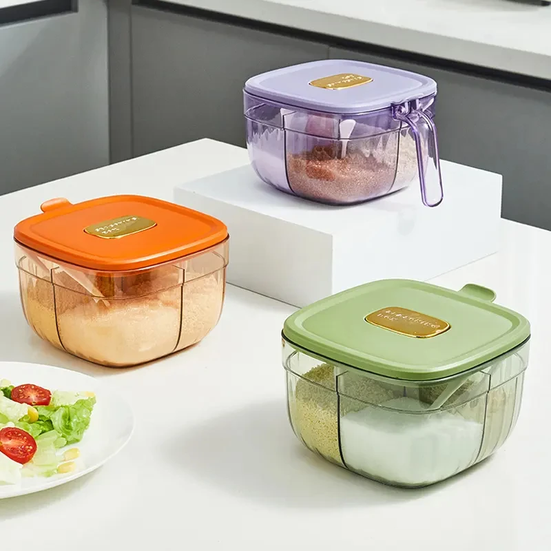 Plastic 2/4 Grids Square Condiment Seasoning Storage Box With Spoon Pepper Container Spice Multi Function