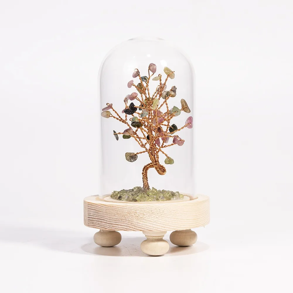Chakra Healing Crystals Copper Money Tree Light Lamp Natural Rose Quartz Vase Feng Shui Luck Figurine with Glass Casing