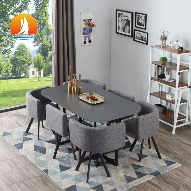 YH Trendy space saving  rectangle MDF  dining table set with 6 chairs in metal legs  restaurant dining room  home furniture