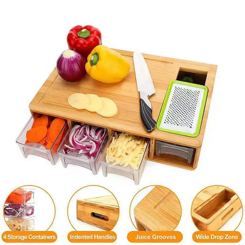 Bamboo cutting boards with 3 storage box kitchen chopping board with juice groove drawer cutting board with grater