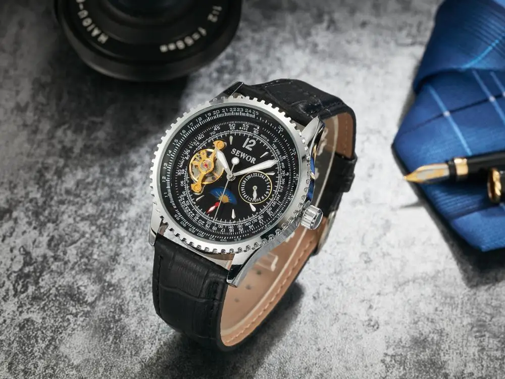 Sewor men black  stainless steel wrist  tourbillon  digital watch mechanical automatic