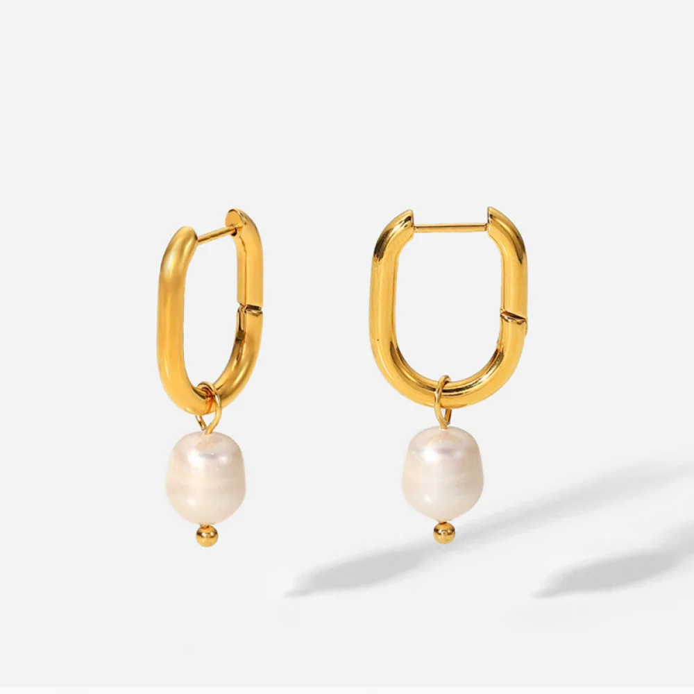 Fashion Boho Freshwater Pearl Drop Earrings Wedding Jewelry Stainless Steel 18K Gold White Pearl Hoop Earring