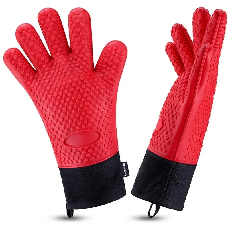 Long Waterproof Non-slip Heat Resistant Red Silicone Kitchen Baking Cooking Grilling BBQ Oven Double Mitt Gloves
