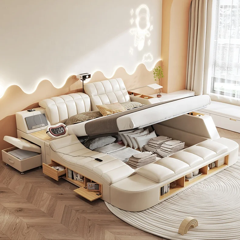 2024 Modern Luxury Multifunctional Genuine Leather Smart Bed with HD Projector Massage Tatami Master Room  Marriage Bed