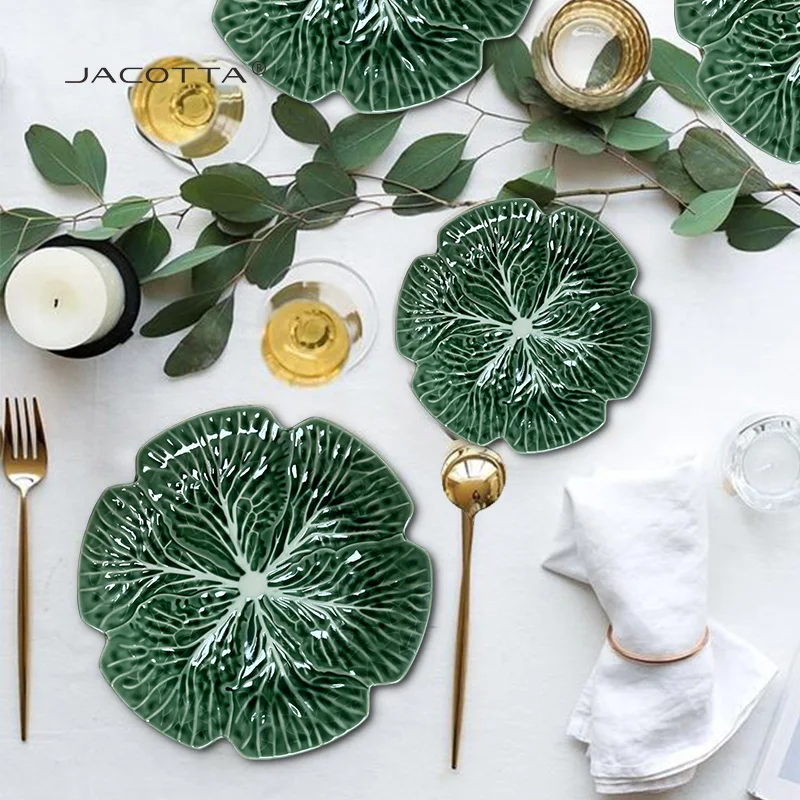 Bowl Coffee Mark Cup Ceramic Dinnerware Sets Green Cabbage Shape Porcelain Plate Set Wholesale Retail