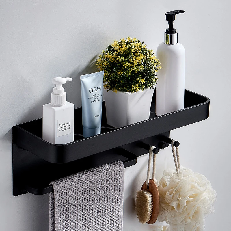 Wall Mounted Black Aluminum Bathroom Shelf Metal Self  Towel Hook Towel Rack Holder Shower Shelf