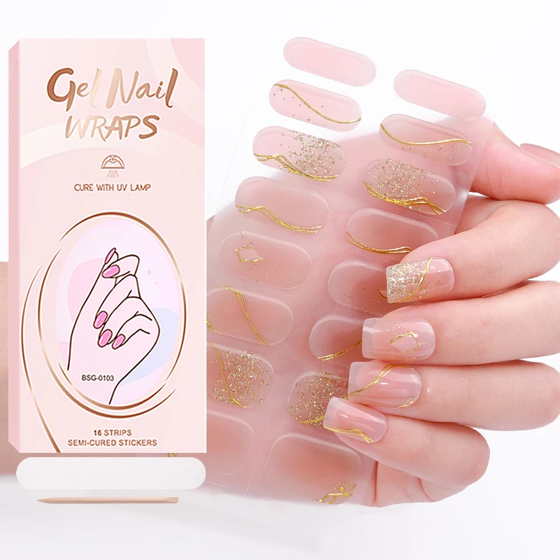 Factory customization glitter crystal jellyl semi cured wraps long lasting gel nails strips sticker