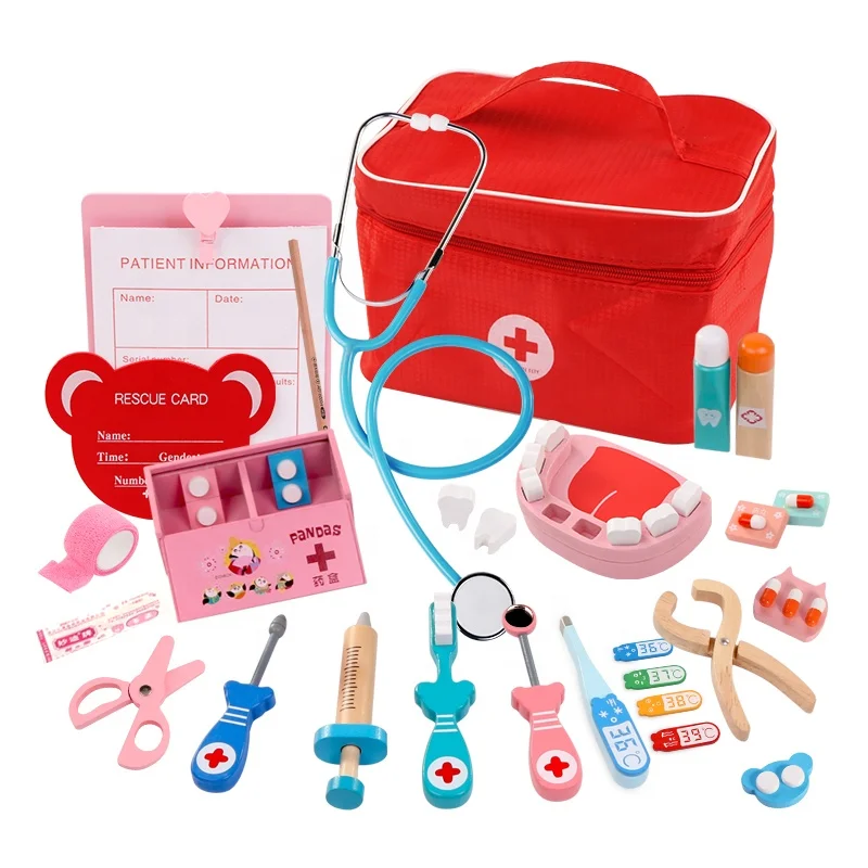 Children Pretend Play Wooden Toys First Doctor Set For Kids Cloth Bag Medicine Box Dentist Play Set Doctor Toys Tool Equipement