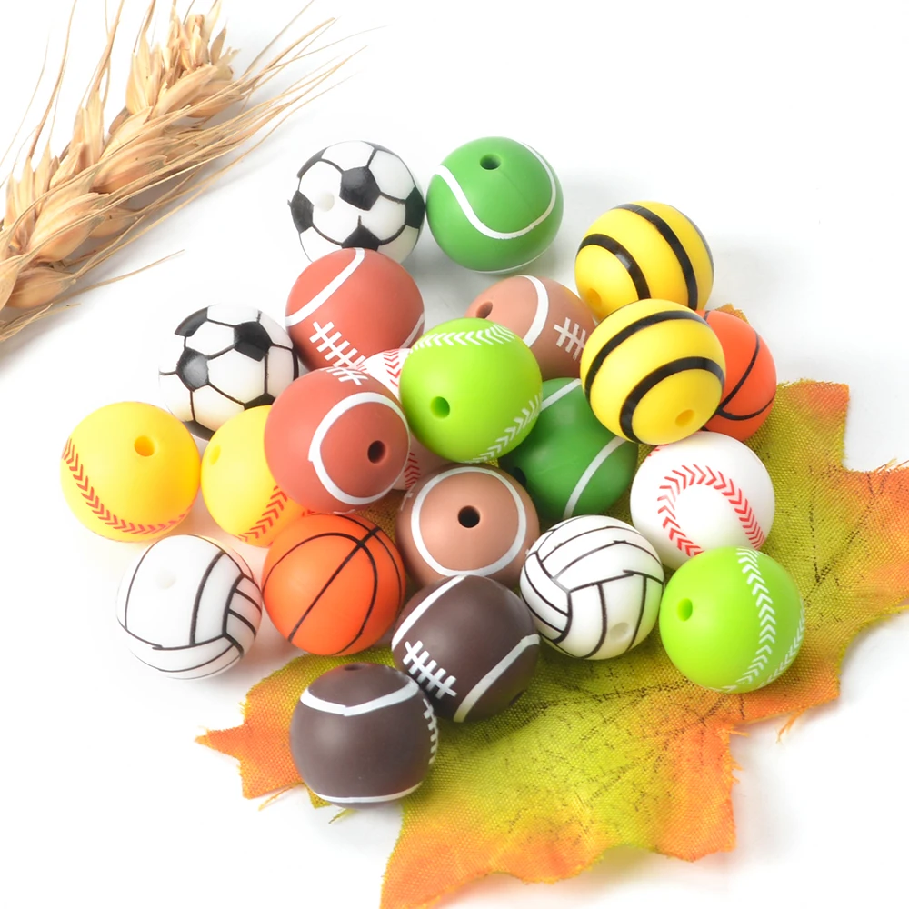 Wholesale Round Printing Sport Silicone Beads Bulk 15mm BPA Free Baby Chewable Food Grade Silicone Beads For Pacifier