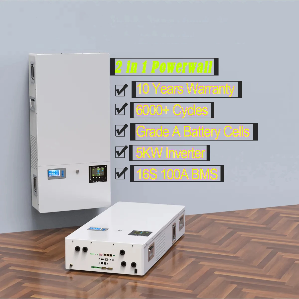 6000+ Cycles Powerwall All in One with Inverter Built-in Lithium Ion Battery 16S 100A BMS 51.2V 48V 100Ah 5KWH LiFePO4 Batteries