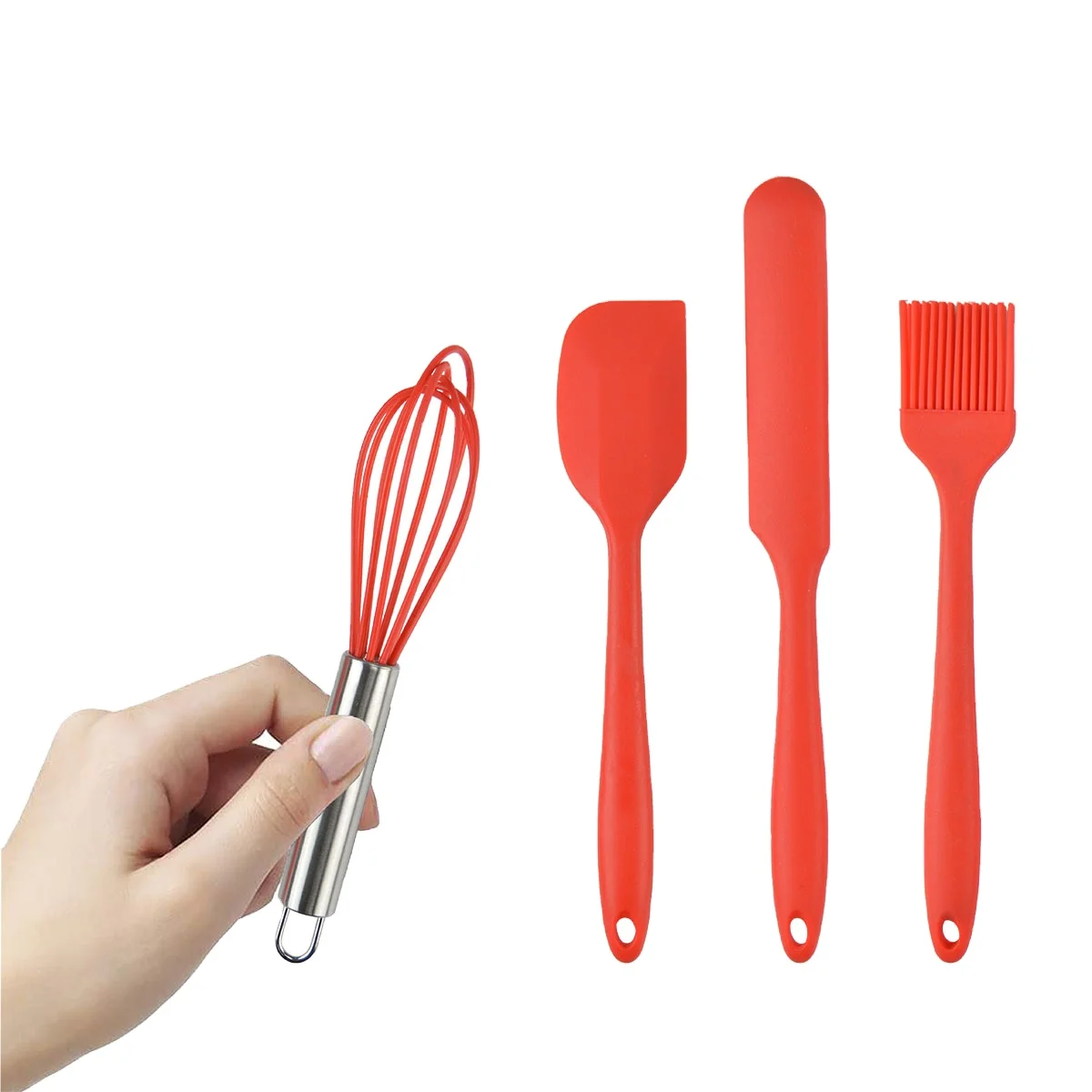 4-Piece Silicone Whisk, Spatula, Brush and Jar Spatula Kitchen Gadget, Mini Baking Set