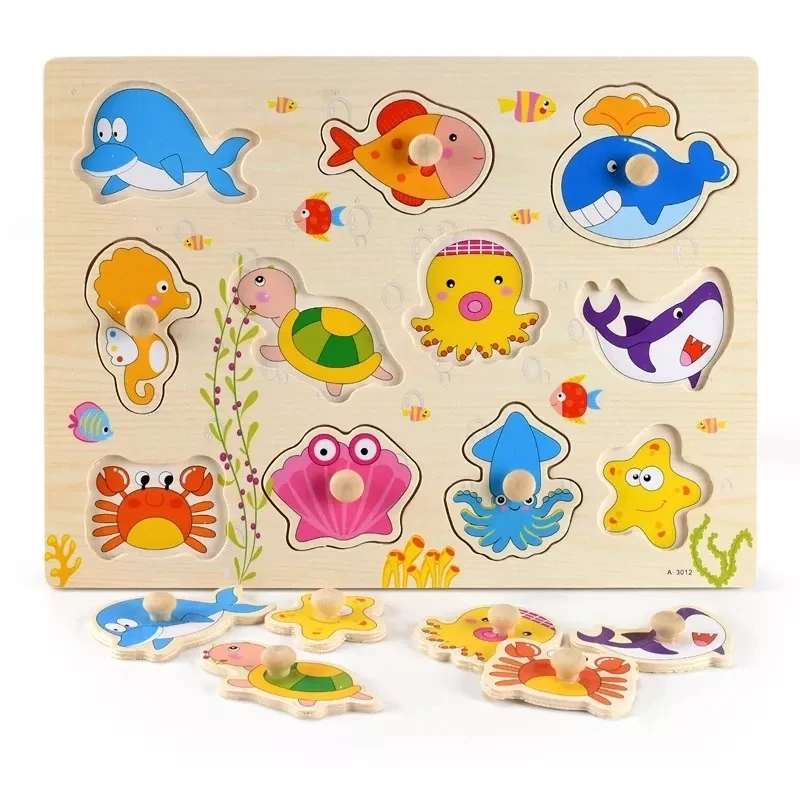 Baby play marine animal matching 3d big farm puzzle cognitive board wooden toys for kids