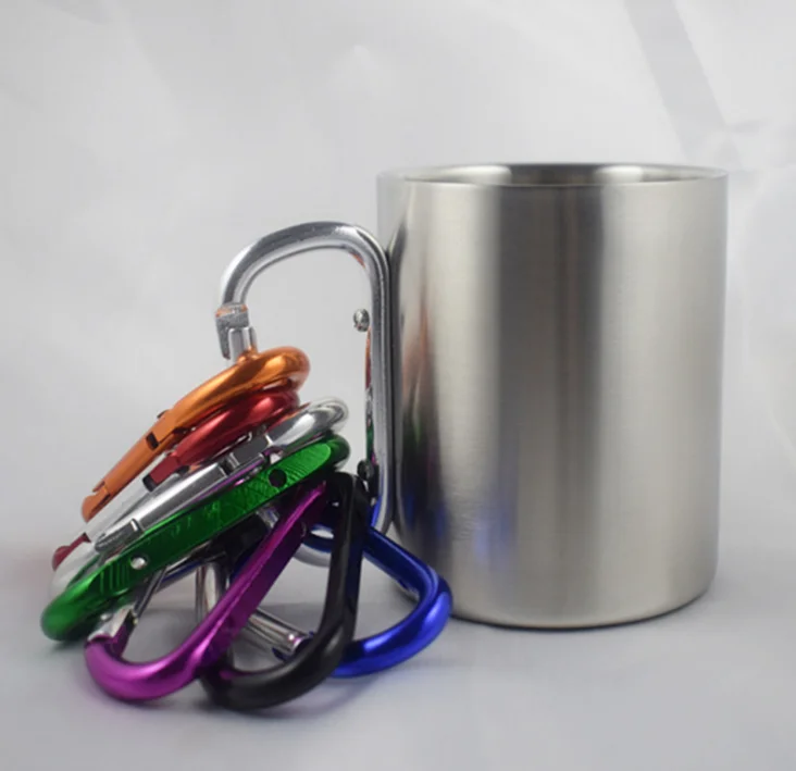 Portable Cup 10oz Stainless Steel Camping Carabiner Mug Thermal Hook Handle, Carabiner Stainless Steel Double Walled Travel Mug