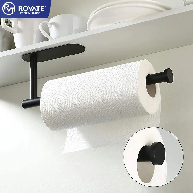 ROVATE No drill black paper towel holder Stainless Steel Bathroom Accessories Set hardware wall mounted