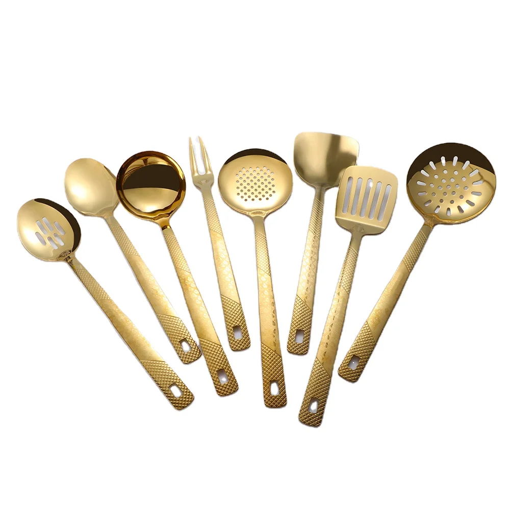 Gold Matte Stainless Steel Cook Soup Ladle Spoon Spatula Set Golden Kitchen Tools Set Cooking Utensils