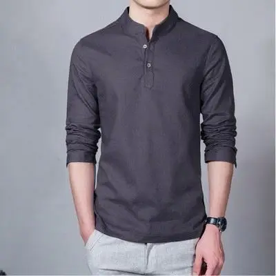 
Fashion long sleeve solid color Stand Collar Placket Plain Dyed cotton blend Hemp Basic Plain Hemp Men T-shirt 