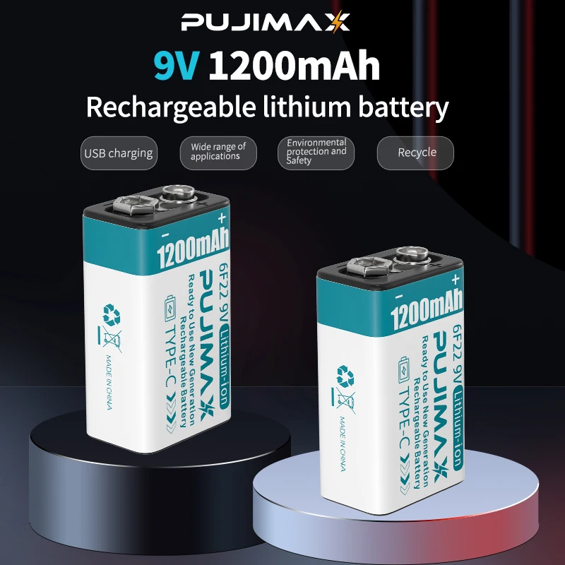 PUJIMAX 1pcs 9V rechargeable battery type c 6f22 9v lithium battery 1200mah usb c li ion batteries 9v type-c charging