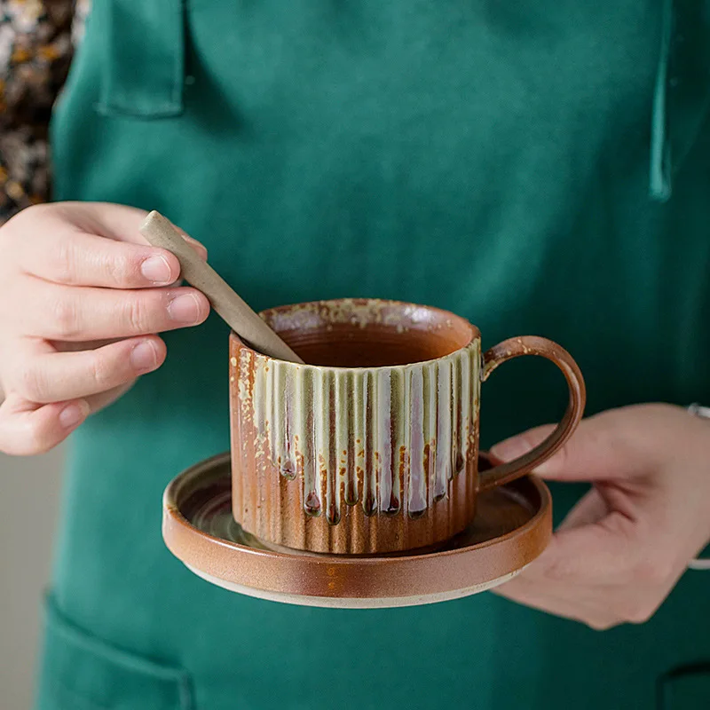 250ML Light Luxury Style Striped Coffee Mug Cup And Saucer Retro Stoneware Japanese Flowing Glaze Afternoon Tea Cup with Saucer