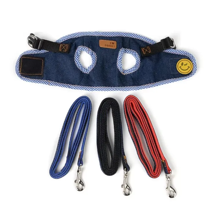 cute soft comfortable sky blue cowboy denim canvas jean style dog pet chest vest back harness with traction belt leashes set