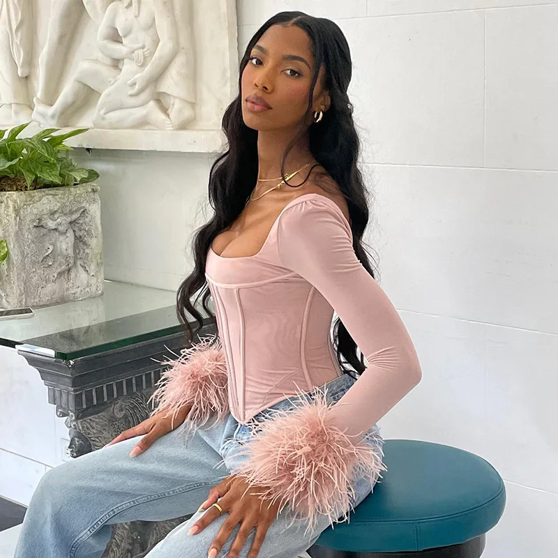 R10300S женский новый топ с открытыми плечами и сетчатыми рукавами