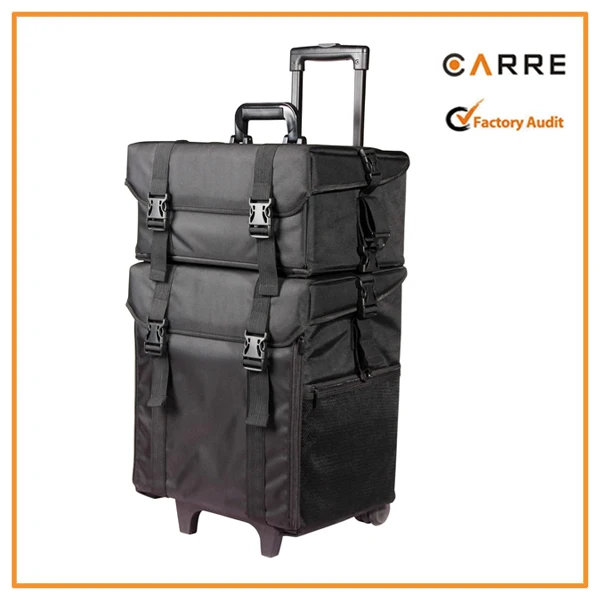 2 in 1 Professional Makeup artist soft Black nylon Fabric Wheeled Rolling soft trolley cosmetic case Set with Drawers