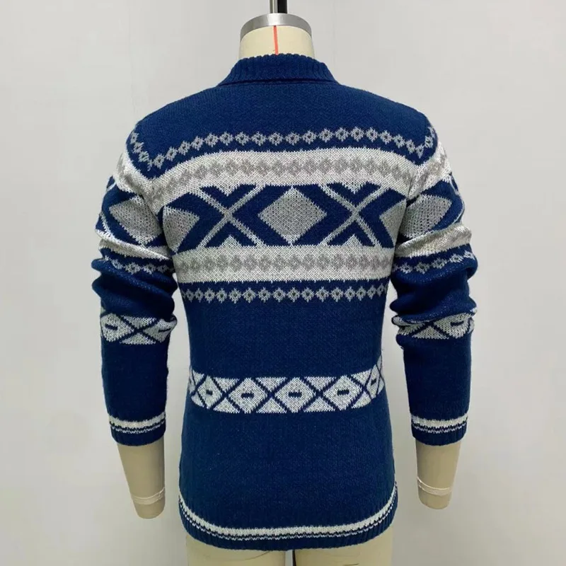 High Quality Pattern Jacquard Knitwear Custom Mens fashion lapel zipper polyester long sleeve Coats And Jackets