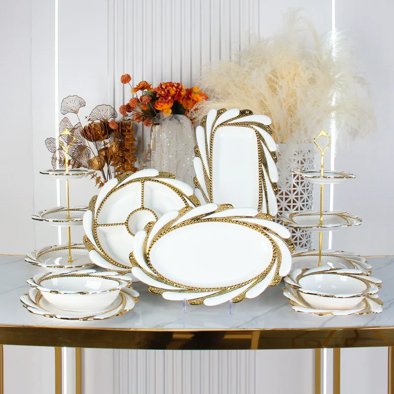 Luxury Gold Porcelain Dinner Bowl & Plates 3 Tier Cupcake Stand Divided Serving Tray Ceramic Dinnerware Sets