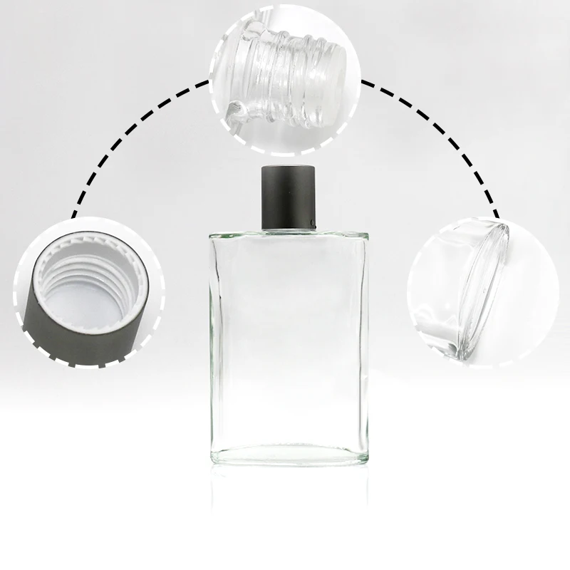Custom flat square 140ml Rectangle Vintage Portable Empty Spray Glass Square Perfume Bottle With matter grey cap