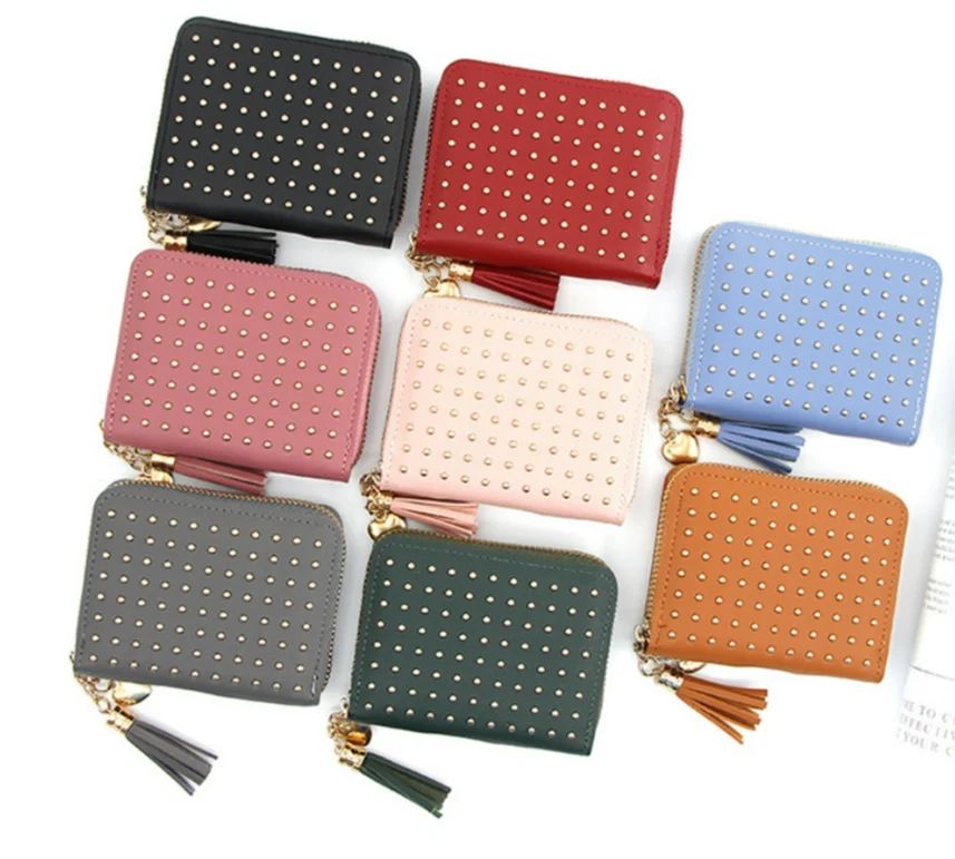 New girl student wallet Solid color small beads mini simple short wallet compact durable fringe zipper wallet