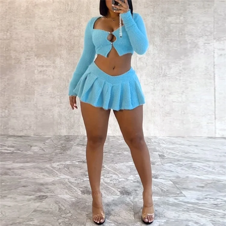 Two Piece Sets Women Outfits 2023 Fluffy Long Sleeve Top and Mini Pleated Skirt Sexy New In Matching Sets