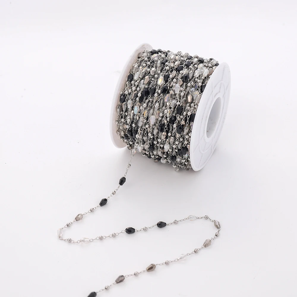 Handmade clavicle necklace chain selling by roll stainless steel spacer balls and drop crystals link chain