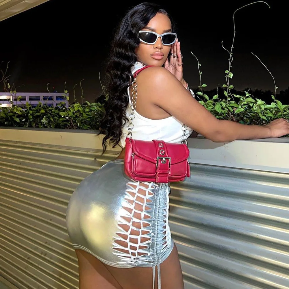 Hot Selling Shiny Pu Leather Mini Skirt Summer Solid Color Hollow Out Tassel Lace-Up Stretchy Sexy Skirt For Women