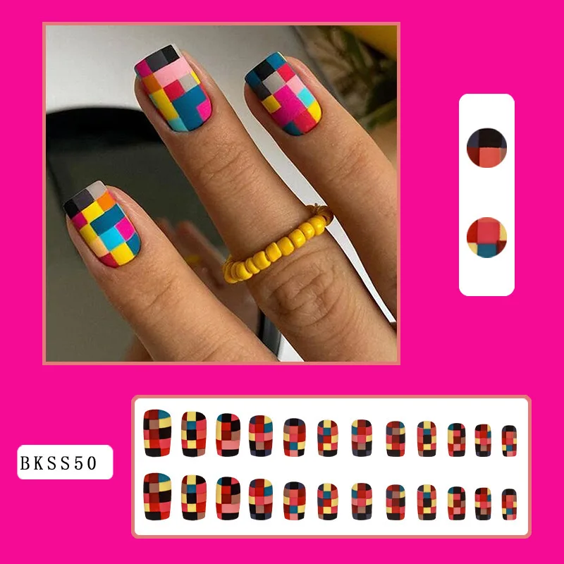 Press on Nails Medium Length Square Matte Fake Nails Full Cover Artificial Nails with Colourful Mosaic Design
