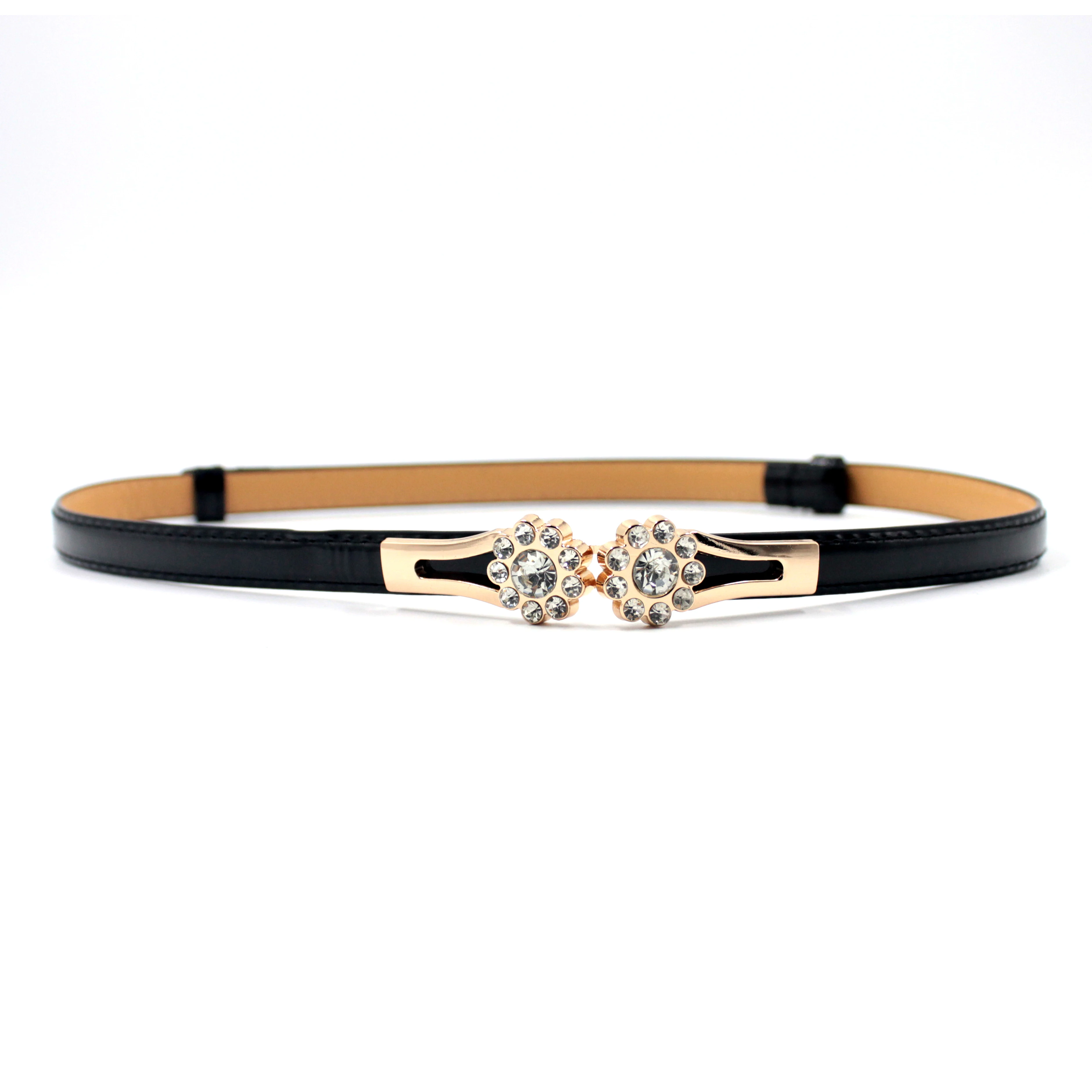 Women Belt Thin Skinny Metal Gold Elastic Buckle Waistband PU Leather Waist Belt