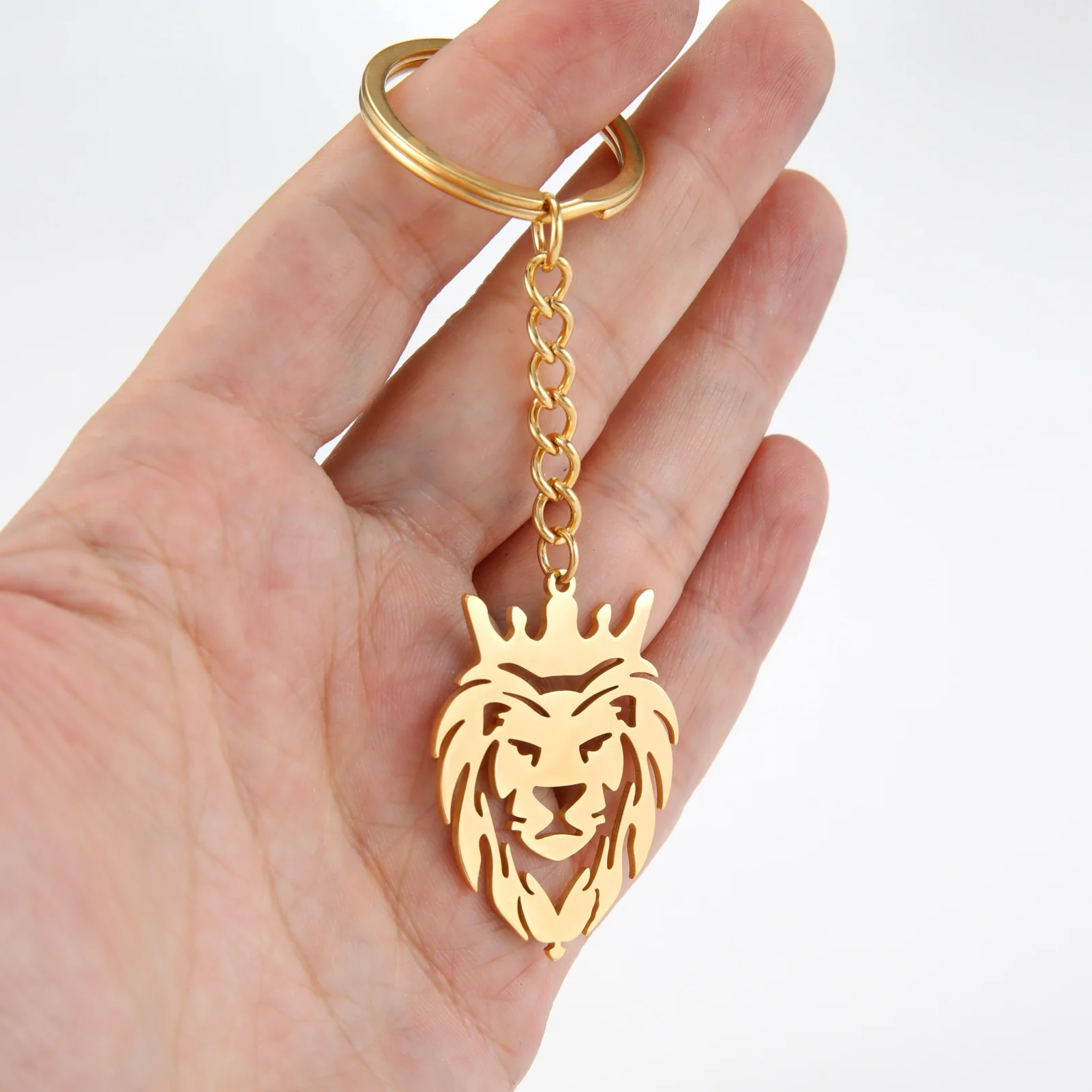 Lion with Crown Key chain for Men Boys Punk Animal Stainless Steel Pendant Key rings Men Gift Chain Fashion Jewelry