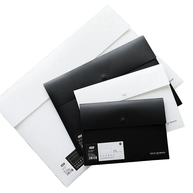 Black and White Frosted PP File Bag Office Plastic Folder A5/A4/A3 Button Closure Document Holder Large Capacity Data Organizer