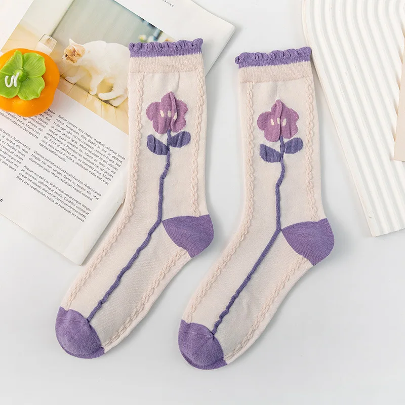 Purple flower trend cotton preppy lace stereoscopic mid-tube stockings for women
