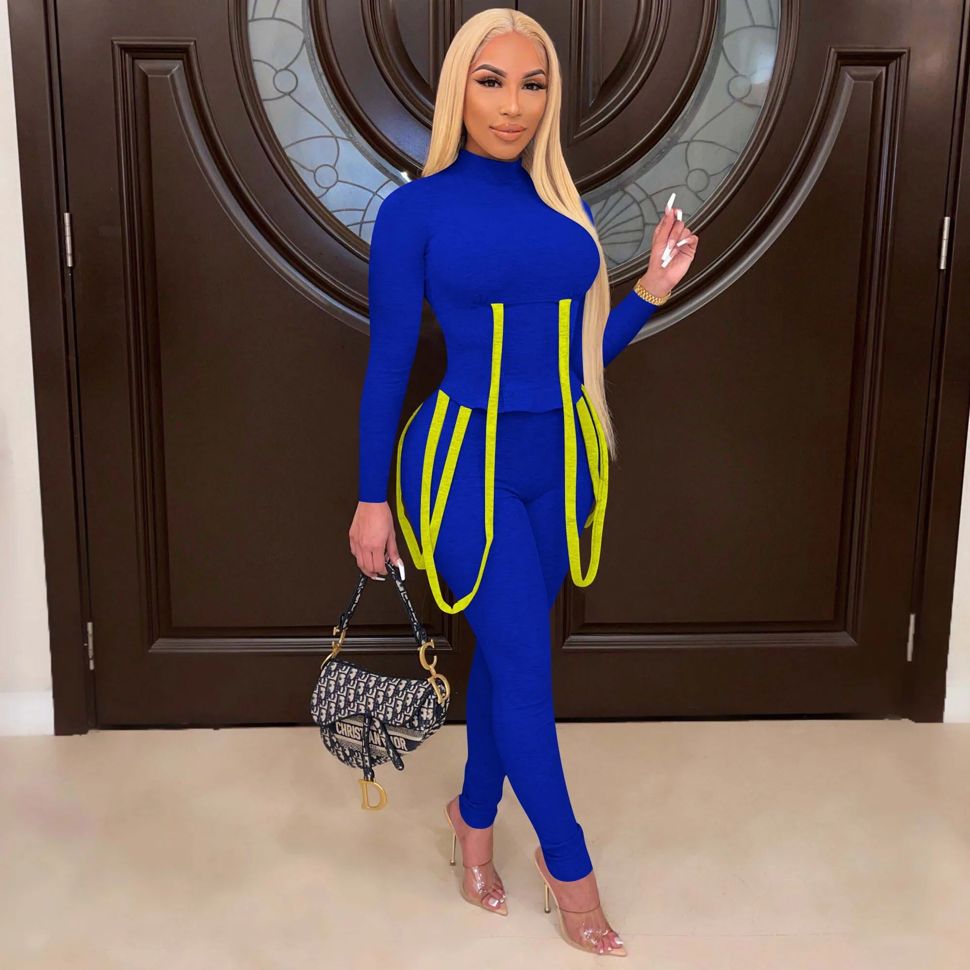 Wholesale Lace Up Top and Leggings 2 Piece Sets Sexy Fitness Contrast Color Jogger Set Knit Two Piece Elastic Pants Outfits