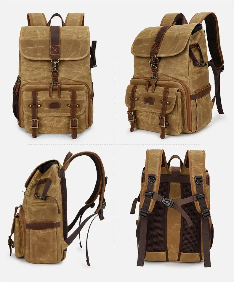 Custom Waxed Canvas Leather Backpack Vintage Photography Camera Bag Backpack Retro Canon DSLR Traveling Rucksack Daypack Retro